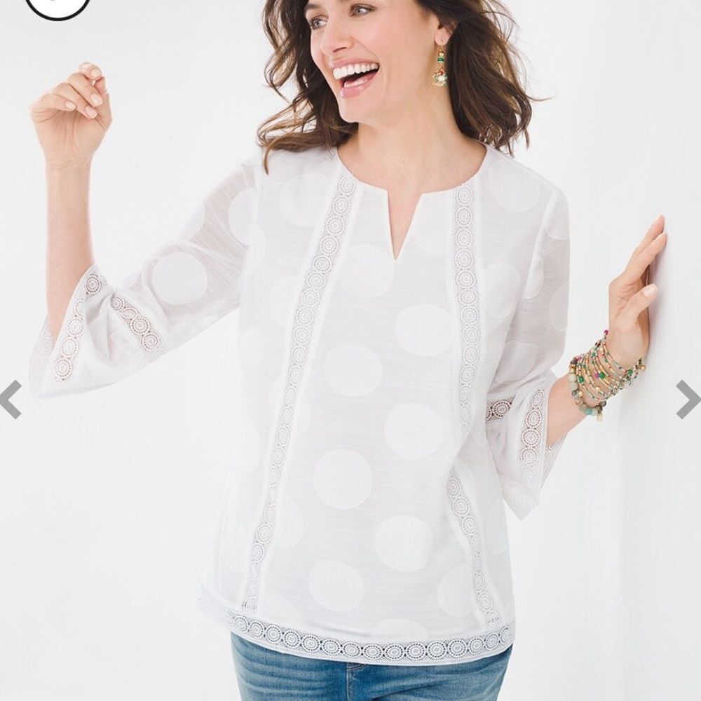 Chico's White Sheer Dot Lace-Trim Tunic Blouse